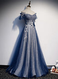 Navy Blue tulle long prom dress blue evening HZ0307