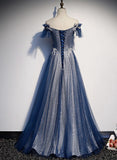 Navy Blue tulle long prom dress blue evening HZ0307