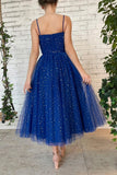 LTP1386,Spaghetti Straps Sweetheart Tea Length Blue Prom Dresses With HZ0307