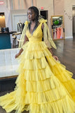 Tie Shoulders Yellow Tulle Ruffle Long Party HZ0307