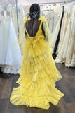 Tie Shoulders Yellow Tulle Ruffle Long Party HZ0307