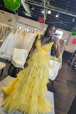 Tie Shoulders Yellow Tulle Ruffle Long Party HZ0307