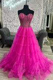 Beaded Fuchsia Tulle Ruffles Long Prom HZ0307