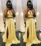 LTP0778,Two pieces prom dresses,yellow satin evening dress,a-line formal HZ0307