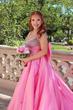 Beaded Pink Satin A-line Long Formal Dress with HZ0307