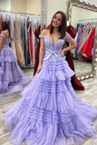 Princess Off The Shoulder Tiered Long Prom HZ0307