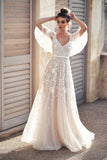 LTP0152,Ivory V Neck Beach Wedding Dresses With Lace Appliques Short Sleeves Wedding HZ0307