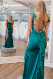 Green Satin and Chiffon Ruffle Fitted Long Formal HZ0307