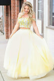 LTP0789,Lace Top Elegant Lace Appliques Two Piece Yellow Long Prom HZ0307