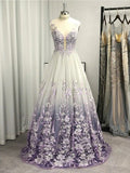 LTP1014,White tulle a-line prom dresses floral applique lavender long evening HZ0307