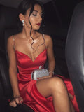 LTP0820,Red prom dresses,beaded split evening dresses,satin formal HZ0307
