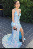 LTP0799,Light Blue Sequin V-Neck Backless Mermaid Long Formal HZ0307
