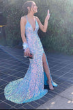 LTP0799,Light Blue Sequin V-Neck Backless Mermaid Long Formal HZ0307