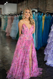 Fuchsia Floral Strapless V Neck Tulle Long Formal HZ0307