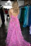Fuchsia Floral Strapless V Neck Tulle Long Formal HZ0307