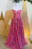 Strapless Fuchsia Floral Ruffle A-line Prom HZ0307