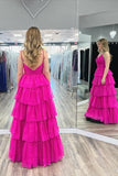 Fuchsia Pleated A-line Ruffles Long Party HZ0307