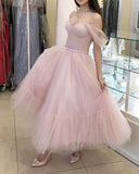 LTP1789,Light Pink Tulle Homecoming Dresses, Off The Shoulder Ankle Length Celebration HZ0307