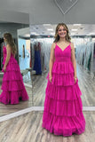Fuchsia Pleated A-line Ruffles Long Party HZ0307