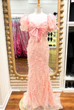 Short Puff Sleeves Pink Empire Long Formal HZ0307