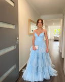LTP1230,Charming A Line V Neck Light Blue Tulle Long Prom HZ0307