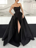 LTP1586,Black Strapless Satin A-Line Long Prom Formal Gown,Split Evening HZ0307