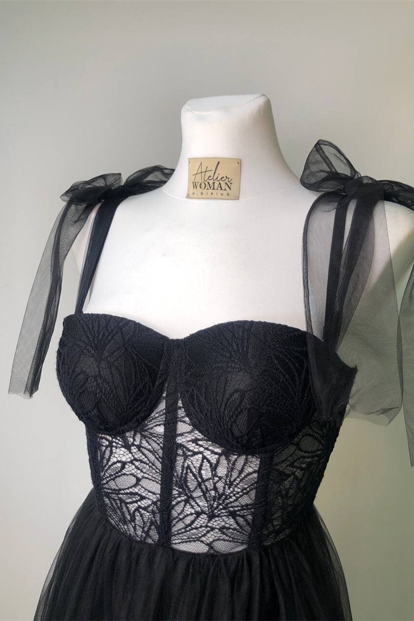 Black Lace Corset Tulle A-line Long Prom HZ0307