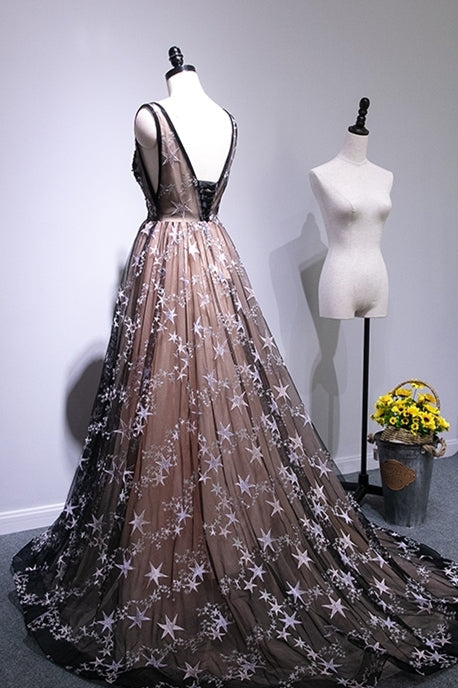 Black Stars Tulle A-line Long Formal HZ0307