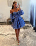 Bubble Sleeves Lace Beaded Homecoming Dresses Sweetheart A-Line Graduation Dresses, HZ0307