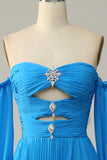 Blue A-Line Chiffon Pleated Split Long Party Prom HZ0307