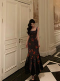 Classy Sheath Straps Black Floral Prom Dresses Birthday Outfits Evening Gown , HZ0307