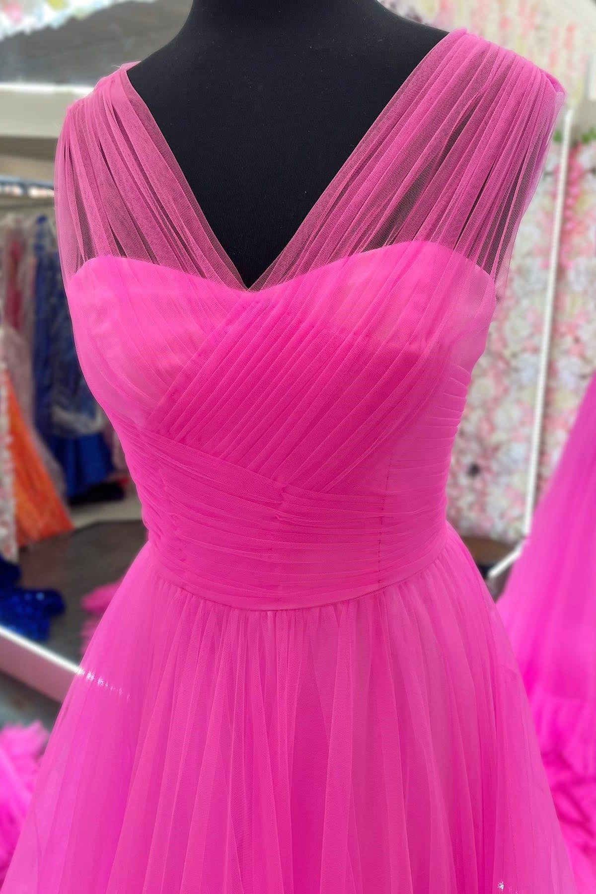 Cross Front Hot Pink Tulle A-line Long Prom HZ0307