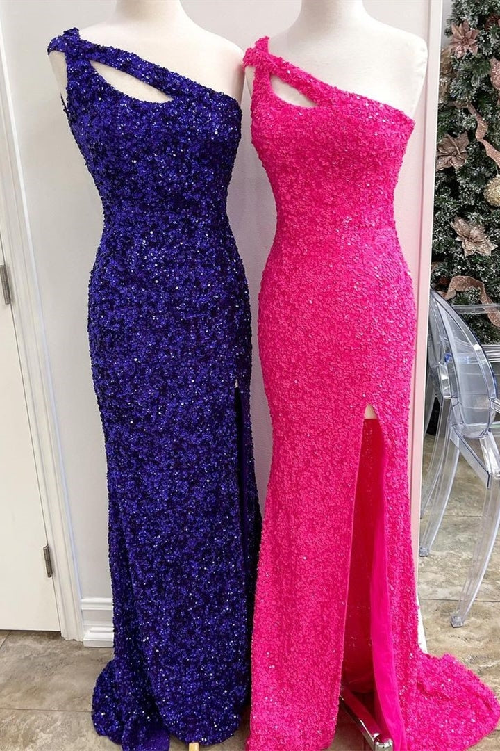 Cross One Shoulder Neon Pink Sequins Mermaid Long Formal HZ0307