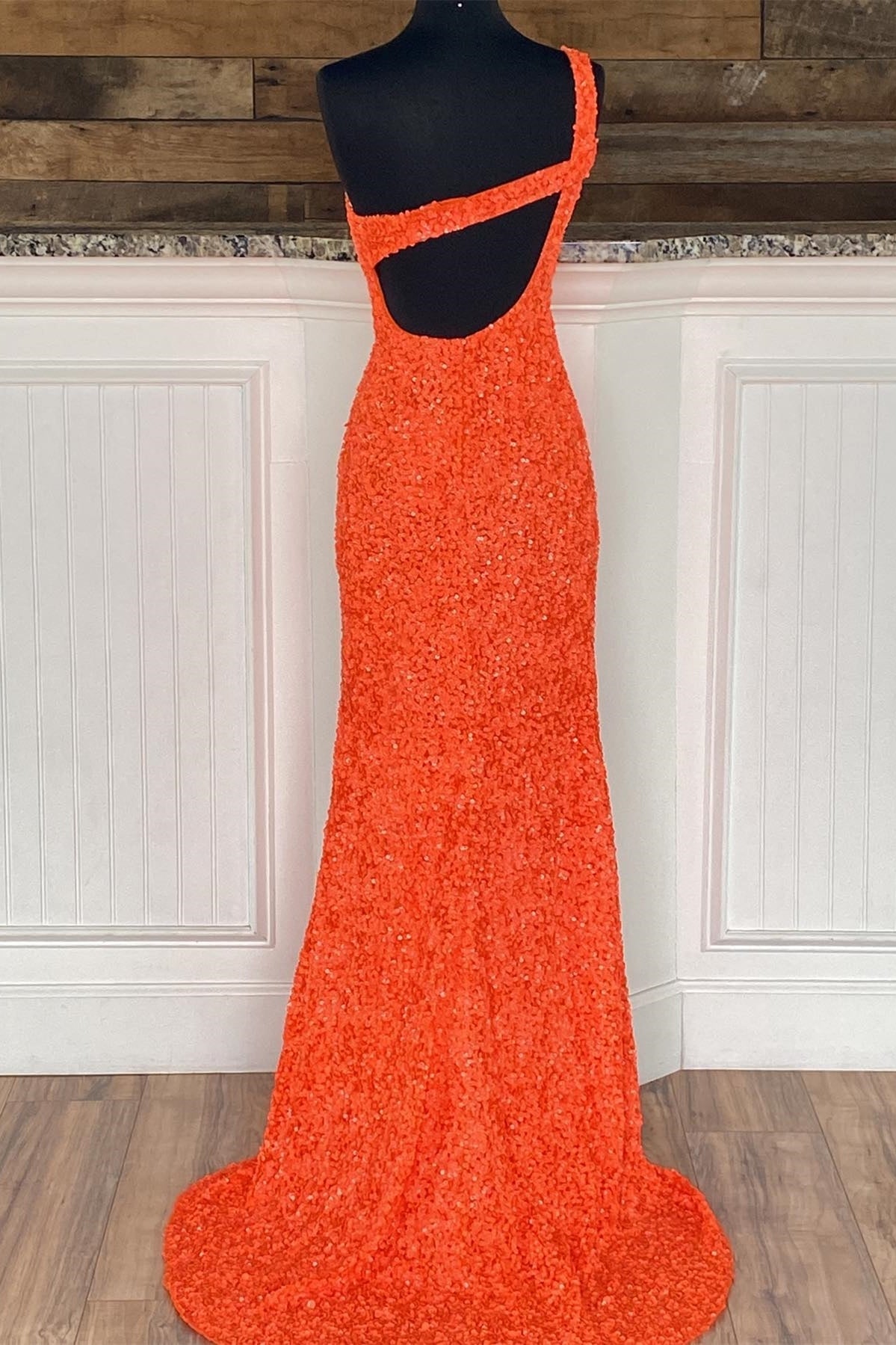 Cross One Shoulder Neon Pink Sequins Mermaid Long Formal HZ0307