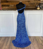 Cross One Shoulder Neon Pink Sequins Mermaid Long Formal HZ0307
