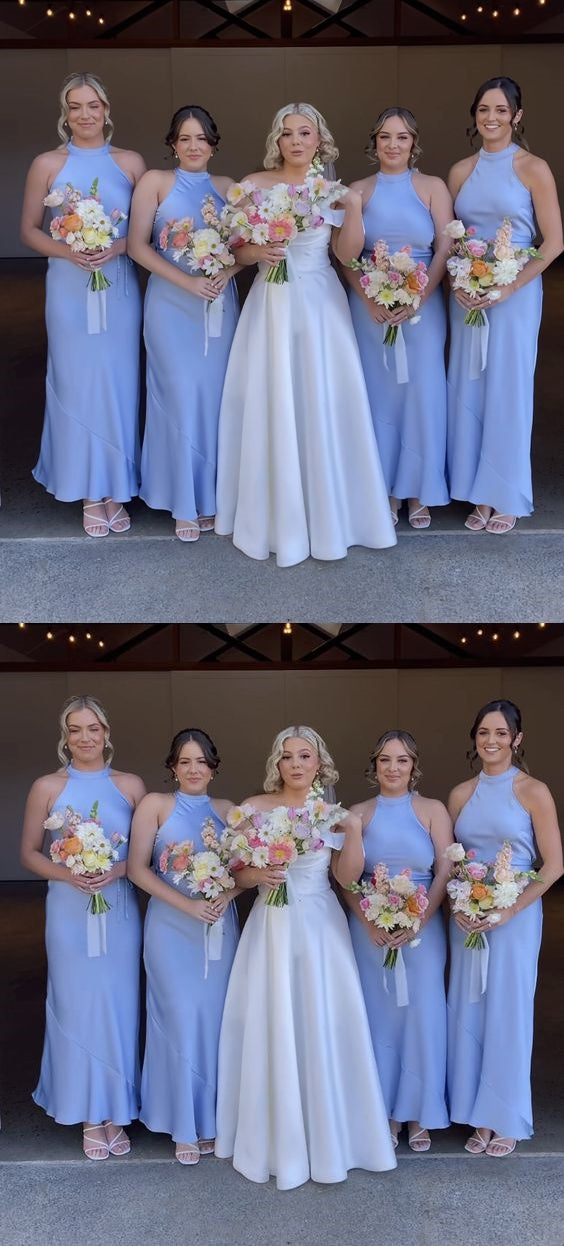 Sky Blue Halter Bridesmaid Dresses Ankle Length Sleeveless Bridesmaid Dresses, HZ0307