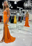Cute Orange Beaded Split Mermaid Prom Dresses Long Celebrity HZ0307