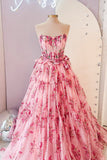 Pink Strapless Floral Print Ruffle Prom Dress with HZ0307