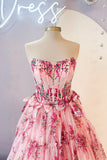 Pink Strapless Floral Print Ruffle Prom Dress with HZ0307