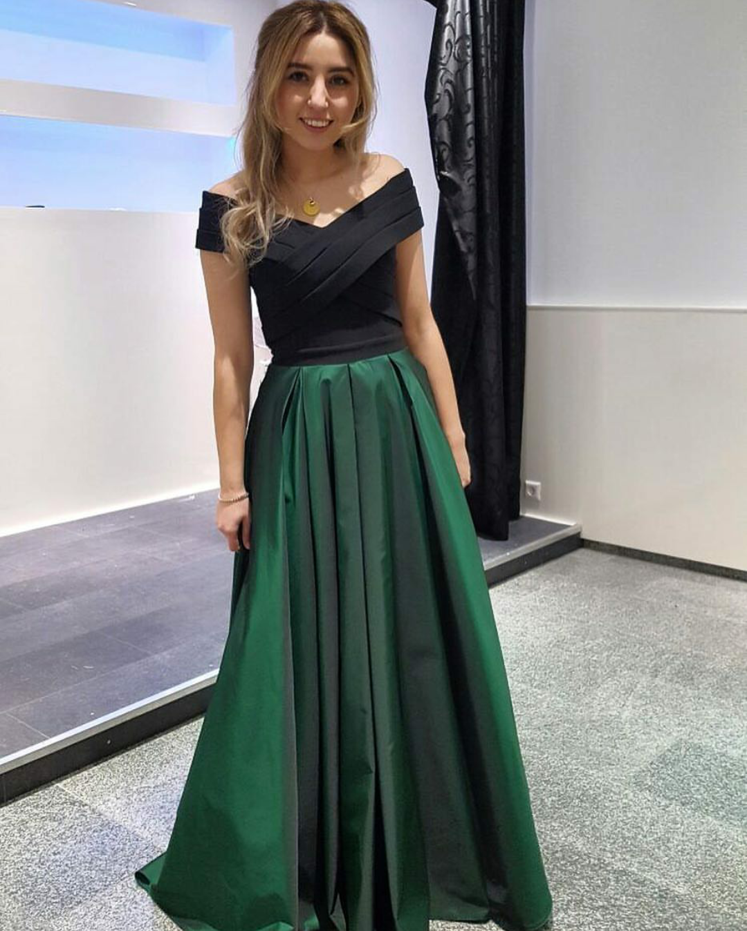 LTP0768,Off the shoulder prom dress,black green satin long evening formal HZ0307