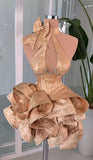 Elegant Coffee Floral Print Homecoming Dress Ruffle Mini Halter Party Dresses Beaded Hoco Dresses, HZ0307