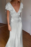 Elegant Satin V Neck Ruffles Short Sleeves Prom Dress with HZ0307