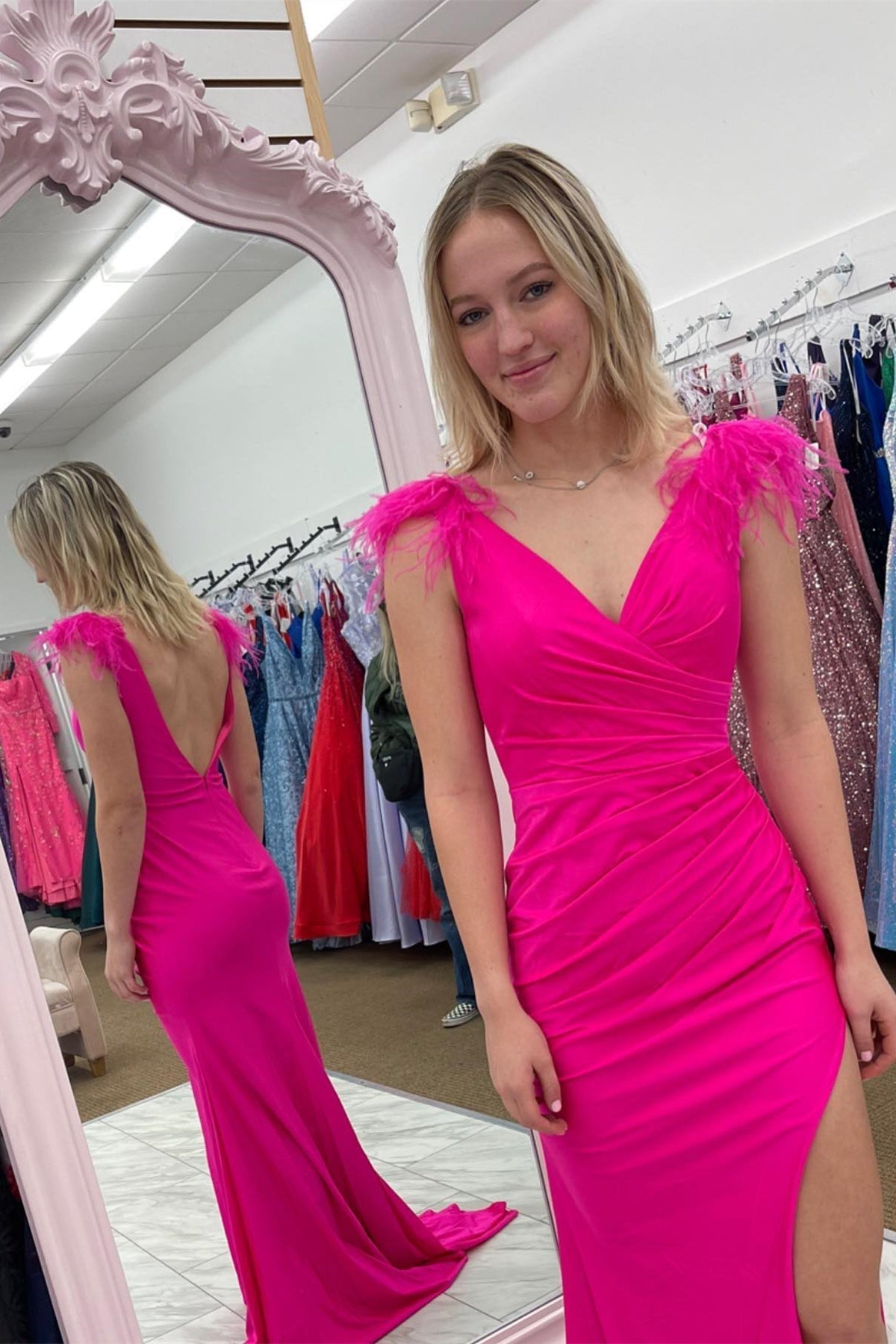 Elegant Hot Pink Mermaid Ruched Slit Formal HZ0307