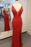 Elegant Mermaid Sequin V Neck Long Formal HZ0307