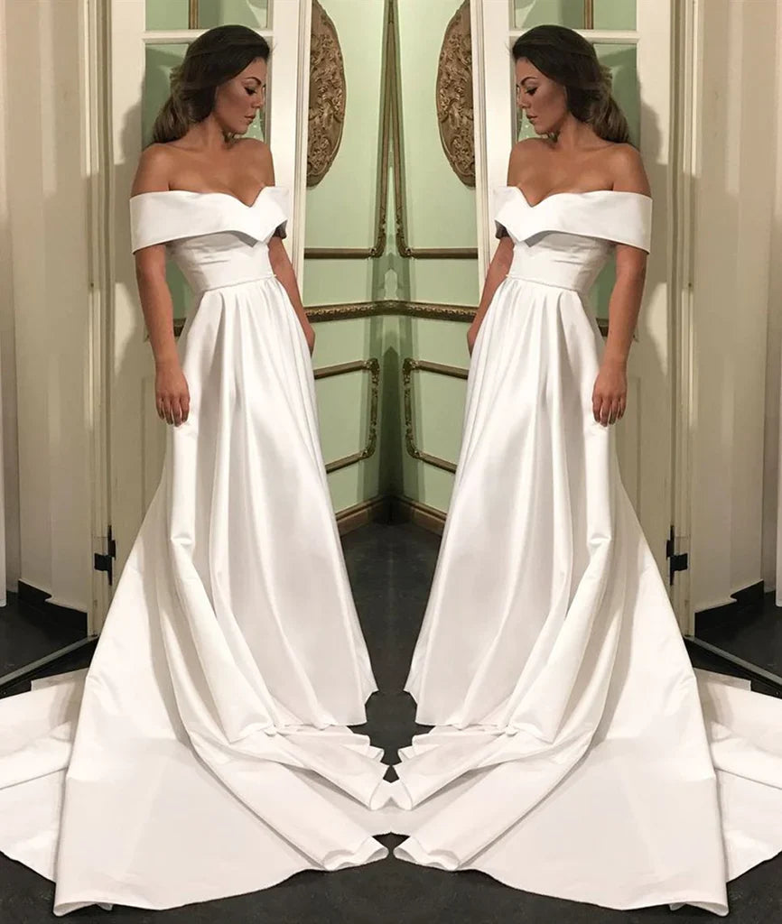 Off The Shoulder White Satin Custom Made Cheap Wedding HZ0307