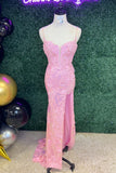 Elegant Pink Lace Mermaid Slit Long Prom HZ0307
