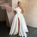 Vestidos Strapless White A-Line Wedding Dresses, Special Feather Style Bridal Gown With High Side HZ0307