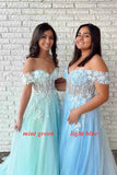 LTP0966,Adorable mint green a line prom dresses off the shoulder floral applique evening party HZ0307