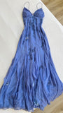 Fairy Blue Chiffon Prom Dress - Spaghetti Strap Applique Formal Gown with Flowing HZ0307