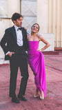 Fuchsia Spaghetti Straps Pleated Prom Dress Midi Dress, HZ0307